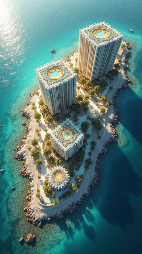 Architectural site design and buildings with fish net as its concept. In aerial view, in seaside. Building form is inspired by a fish net and the connection between 3 buildings is like those in fish nets