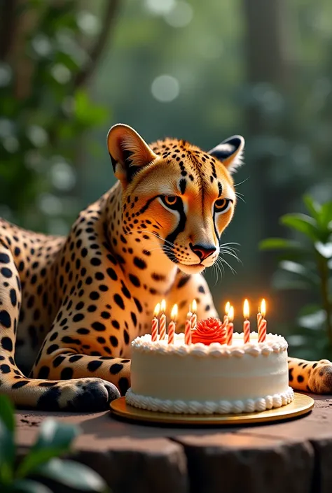 A cheetah animal with real features is sleeping next to a 32nd birthday cake