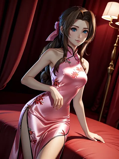 Aerith standing elegant in a long cheongsam BREAK (shiny pink silk cheongsam, turtleneck gown, highneck, soft straight fabric, floral pattern cheongsam, halterneck, highneck, bare shoulders,sleeveless) BREAK (slim body) BREAK (brown hair), (perfect_eyes) B...