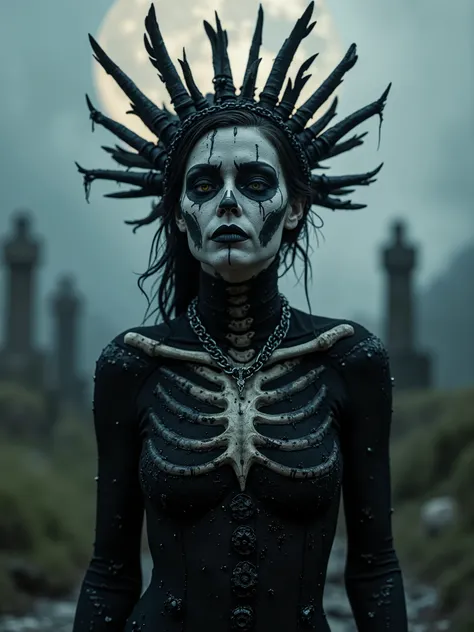 Beautiful necromancer god entity,part skeleton part machine rising from a grave on a full moon,black liquid, scars and vounds, and a spiked crown made from giant bones and feathers on it's head,dark makeup on,majestic eyes and dark tight wet  chain shirt, ...