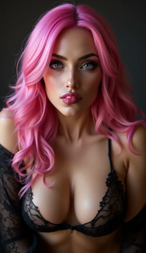 ultra realistic, photography, long pink hair, (wavy elegant hair, blue eyes, perfect round lips, 2, gorgeous face, voluptuous figure, perfect fit body, big enhanced breasts), femme fatale, Long eye lashes, seductive eyes, Award Winning Glamour Photograph e...