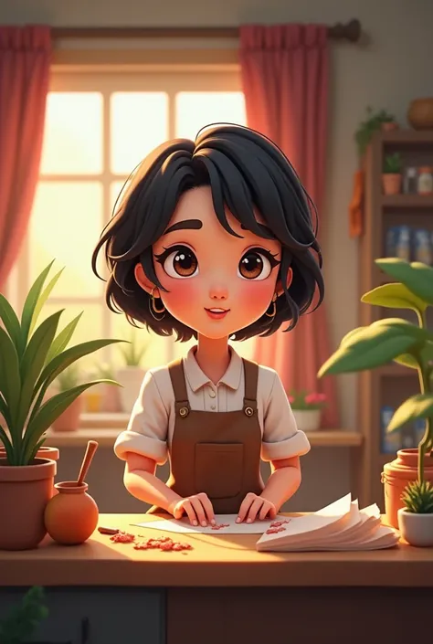 high quality, 8K Ultra HD,A cartoon woman who answers me while working; she has short black hair and soil-coloured eyes. 