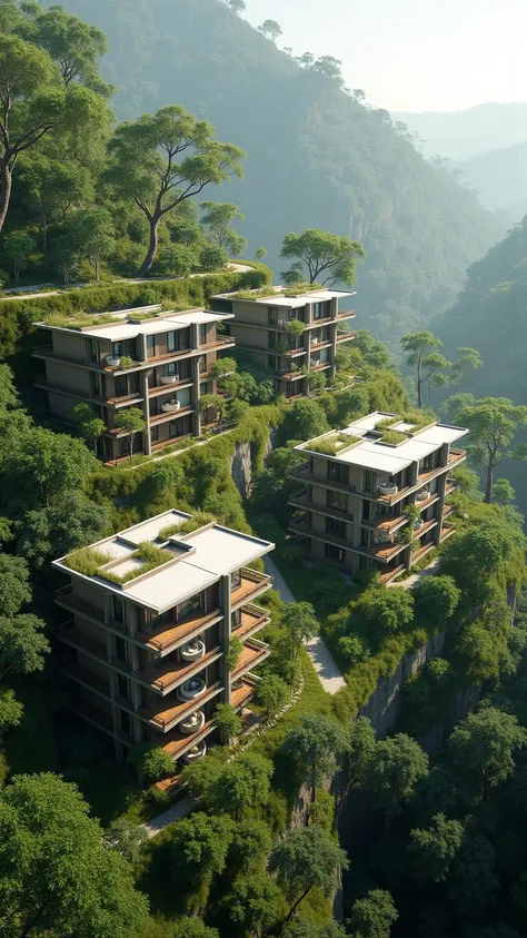 Equal food buildings, hill side, lush trees