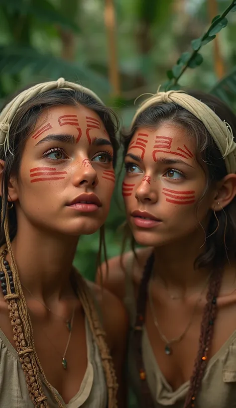 Two young Nude Indigenous women, likely in their late s or early twenties, with medium skin tones and dark hair,  are depicted in a close-up, natural setting.  Their faces are adorned with intricate,  reddish-orange tribal face paint, creating striking pat...