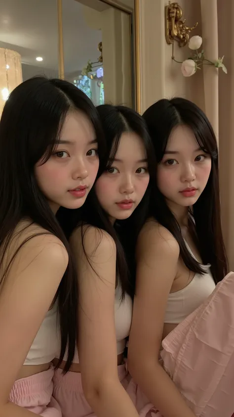 that, blush, 3 girls, 3 sisters, Selfie, shy, Korean, Idol, thin , eyes squinted, big eyes, fringe separated on the right side , youthful appearance , light black hair , details eyes, student , Iris , smiling, smile, Rounded face, youthful ap...
