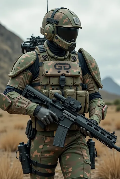 Camouflage armour, mechanical turret on the shoulder, arm bent at the elbow, assault rifle in hend, the weapon is pointed upwards, 4 magazine pouches on the stomach, Future armor, future weapons, combat armor, battlefield behind man, more armor plates on t...