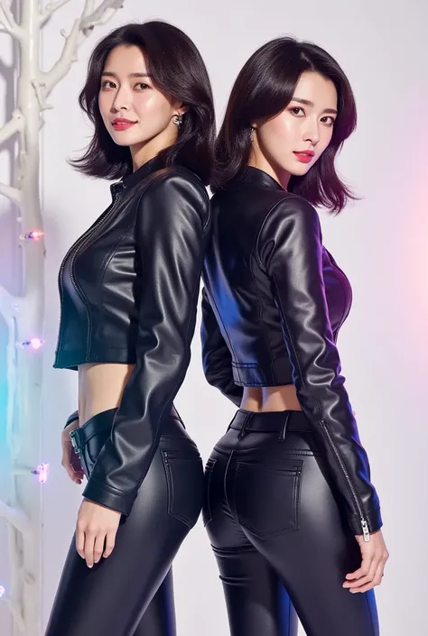 Pictorial Debut Girl Group , black leather pants with pockets and zipper,  black leather bodysuit,  white background, Back,  hips, rear, White decorations,  colorful lights, Panty line, 2 members,  Black Leather Jacket , t-panty