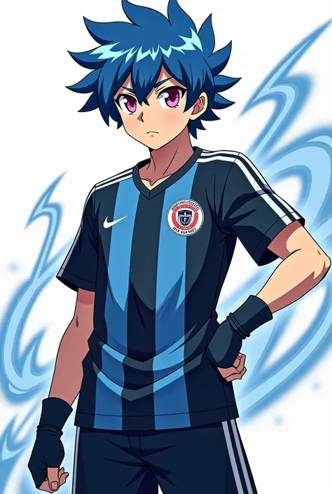 Créez un personnage masculin menaçant de 18 ans issu de l'anime de football inazuma eleven victory road avec des cheveux bleu et rose yeux ecarlate stylé artificiel. musclé puisssant athletic charismatique agressif.
inform bleu et noir avec une techique de...