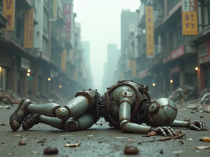  Imagine a metropolis abandoned by mankind about a hundred years ago, On the street there is an old, half-destroyed robot leaning on the ground,  perfect details, 8k.