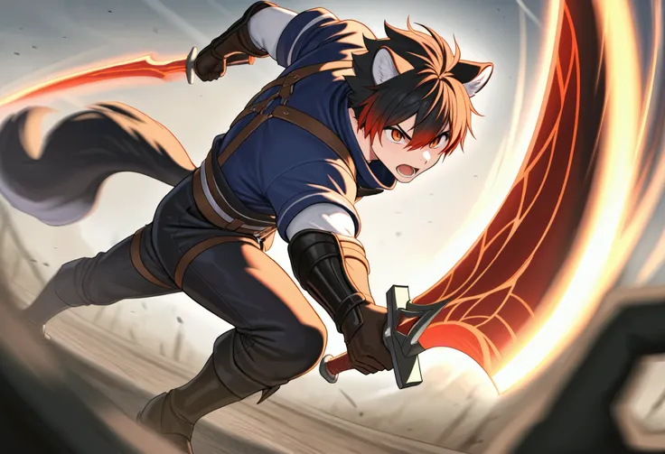 top quality, high-quality illustrations((masterpiece))depth of field, motion blur, absurdres, Perfect Anatomy, magnificent picture of kemono fighting fierce battles, kemono, 1boy, solo focus, Anthro((dramatic))epic, weapon, dynamic pose, One scene of movie...