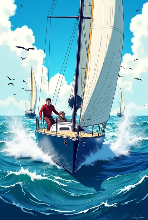 Generate the illustration of a comic book about sailing and boats 