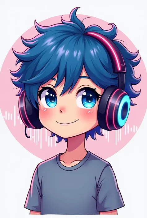 "Cartoon mascot logo, upper body view, vibrant blue curly hair (dark roots to light tips), oversized headphones floating on shoulders, modern gamer-style headphones with neon accents, friendly face with big shiny eyes and a smile, minimalist gray shirt, ci...