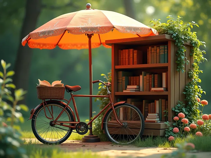 Use this image as a reference,  must be realistic ,  has to be a bike with a library with books available. And an umbrella for sun protection 