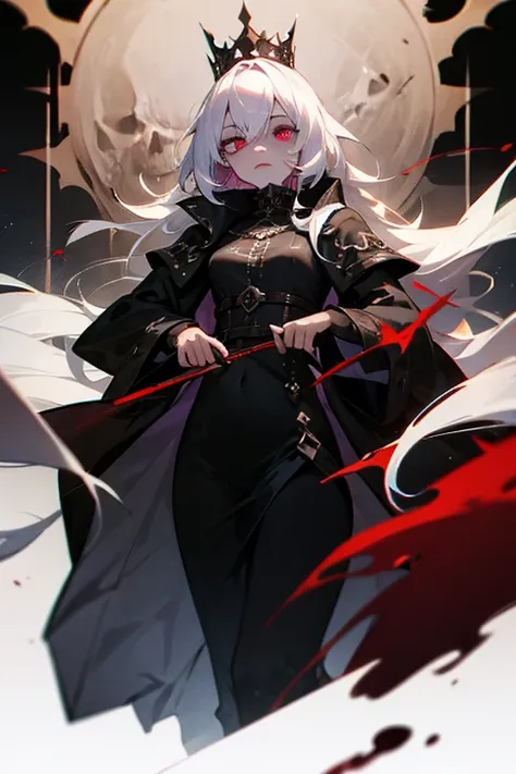 An Undead Queen,  white hair, Ojos rojos, black tunic