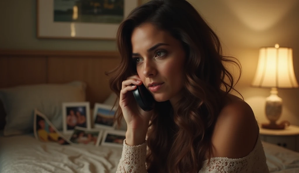 Cena 6: Stacy decidindo terminar com Brandon
Prompt de imagem: "A young woman sitting in her bedroom ,  looking at the phone with a determined expression . In the background, photos and memories of a whirlwind relationship are scattered."