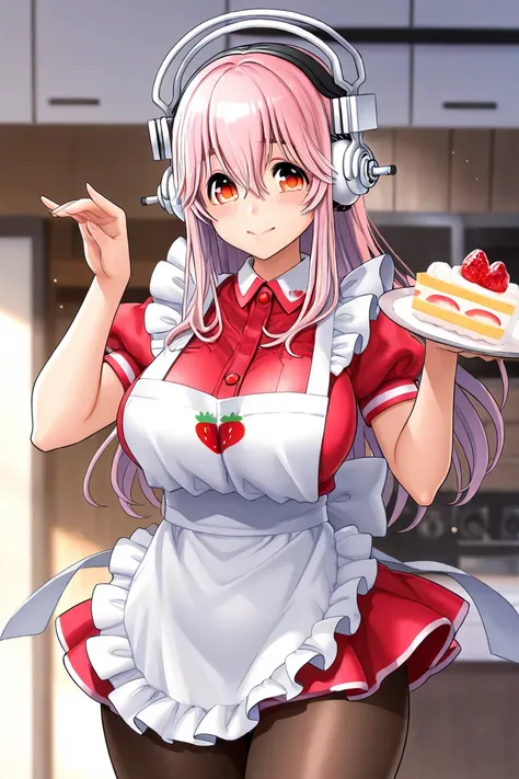 Super sonico pretty anime girl with cute clothes pfp cute apron with cake in her hand strawberry pose