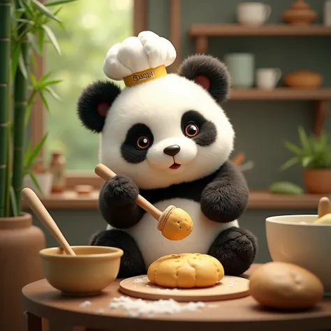 high quality, 8K Ultra HD, A rabbit plushie toy panda who loves baking bamboo