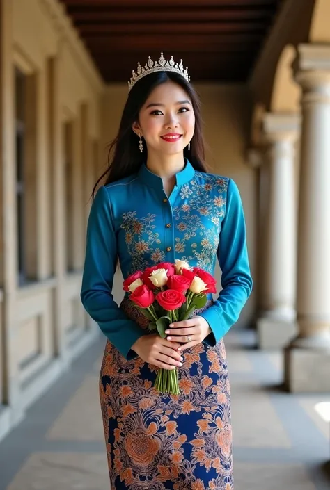 Photography profesional , seorang wanita original orang Korea ,   Her hair was hemmed  ,  wears a crown , memakai baju kebaya batik modern yang cantik dengan motif batik original Lamongan , his shirt is blue, wearing a kebaya batik skirt, wearing gold colo...