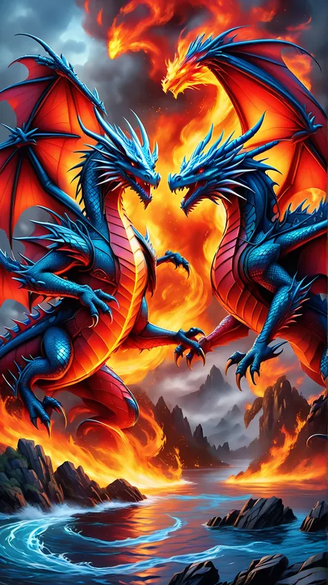 two dragon fighting over a fire and water background in a fantasy scene with a blue and red dragon and a red dragon, Anne Stokes, fantasy art, dragon art, concept art