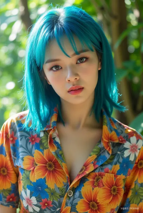 A realistic photo of Jeongyeon from Twice, reimagined as Franky from One Piece, Cerulean hair color, Hawaiian shirt