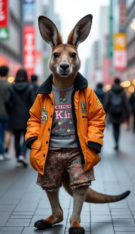 A  medium shot of an anthropomorfic kangaroo wearing an urban outfitt  with the word "MayorKing" printed on it jacket, walking in Tokyo's Harajuku district , his fashionable outfit  is vivid and includes  Japanese cultural motifs, in the background, there ...