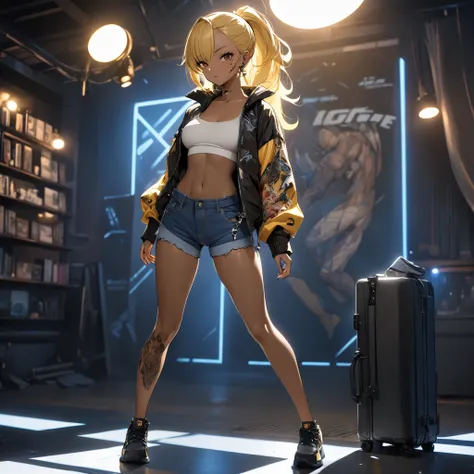  One beautiful woman、  ponytail、yellow hair、  matte brown skin 、 thin legs、 jacket 、  SHORT JEANS  、 perfect face、 Masterpiece,  is anatomically correct,  top quality,  textured skin, Full body tattoo、 movie light effects, 