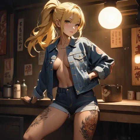  One beautiful woman、  ponytail、yellow hair、  matte brown skin 、 thin legs、 denim jacket 、  SHORT JEANS  、 perfect face、 Masterpiece,  is anatomically correct,  top quality,  textured skin, Full body tattoo/Japanese carving/、 movie light effects, 