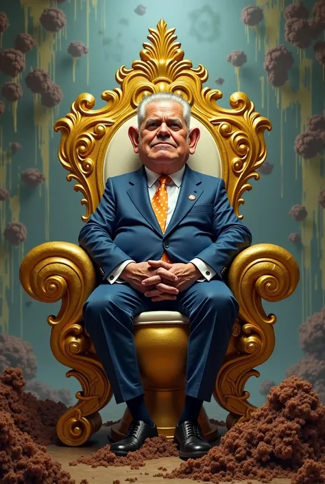 Image of Diaz Canel sitting in a huge golden toilet in the shape of a throne full of shit everywhere with Los Pantalones down