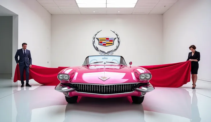 A captivating image of the futuristic 1959 Cadillac Cupe competition taking center stage in an opulent white showroom. The vibrant Classic Pink exterior gleams, accentuating its sleek, aerodynamic design and cutting-edge technology. A large Cadillac logo a...