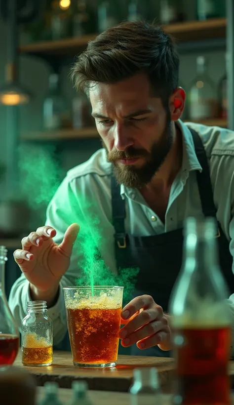 Man creating a cola soda with a dark greenish tone (realistic)