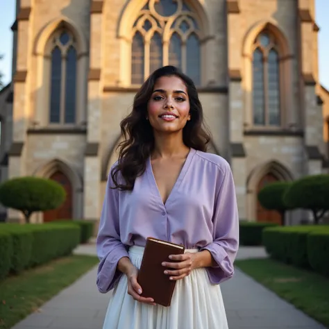 Gabriela stands gracefully in front of a majestic stone church, its towering spires and intricate stained-glass windows creating a striking backdrop. She is dressed in a modest yet elegant outfit—a soft lavender blouse paired with a flowing white skirt—ref...