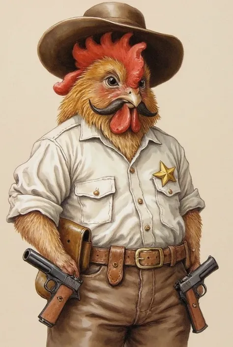 A rooster, her body is a little chubby,  white messy shirt and has a black cap ballpoint pen in his shirt pocket. he wears a pair of pants in shades of brown , he has a bushy curvy moustache and wears a brown dark hat.  on the belt of equipment, He has two...