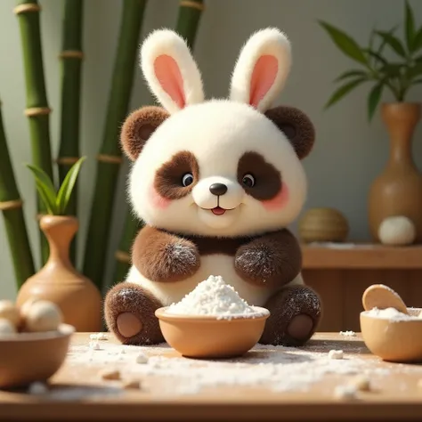 high quality, 8K Ultra HD, A rabbit plushie toy panda who loves baking bamboo where flour has gone everywhere