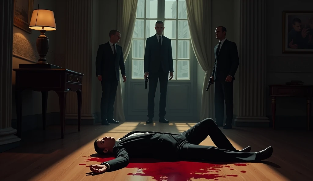 Cinematic realistic illustration – 16:9 format – 64K resolution

A mid-range shot capturing the aftermath of a tense moment. A man in a dark suit lies motionless on the polished wooden floor, his limbs still, his posture unnaturally relaxed. A deep crimson...