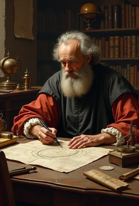 Galileo Galilei is in his 17th century studio,  surrounded by books ,  scrolls and scientific tools such as spheres and pendulums . . He is seen reflecting deeply while drawing diagrams of motion