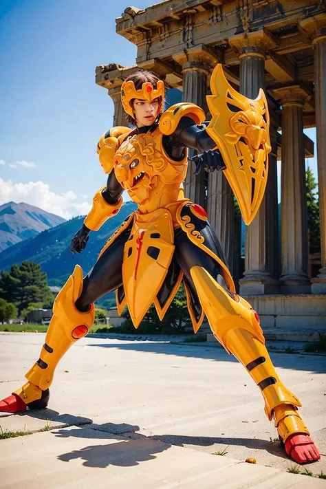 professional photography,cinematic movie still,The picture is very clear,Raw image, 8k super realistic , 1 man  20 yo ,Japanese ,Hyoga Heavenly yellow  armor,solo, weapon,shoulder armor,shield,Attack stance,Chains in the hands,Helmet,Iron Armor, shield,Att...