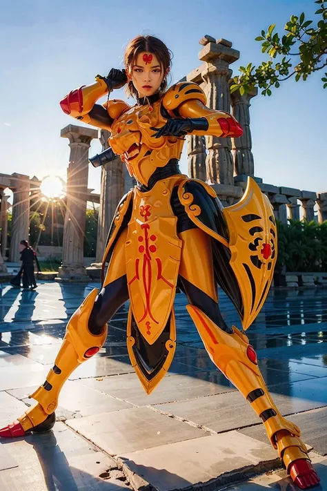 professional photography,cinematic movie still,The picture is very clear,Raw image, 8k super realistic , 1 man  20 yo ,Japanese ,Hyoga Heavenly yellow  armor,solo, weapon,shoulder armor,shield,Attack stance,Chains in the hands,Helmet,Iron Armor, shield,Att...