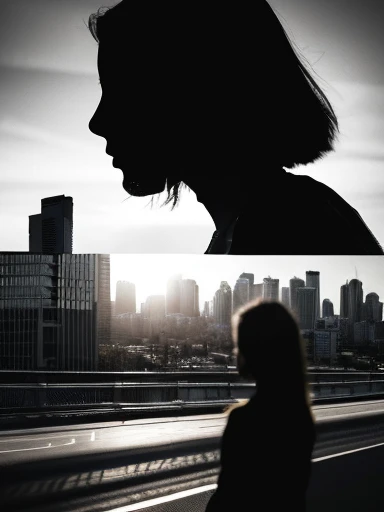 Masterpiece double exposure of a girl silhouette with monochrome apocalypse aftermath, a full color present day metropolis in the underlying backdrop, sharp contrast, detailed crisp lines, in focus, double exposure, The image is a black and white double ex...