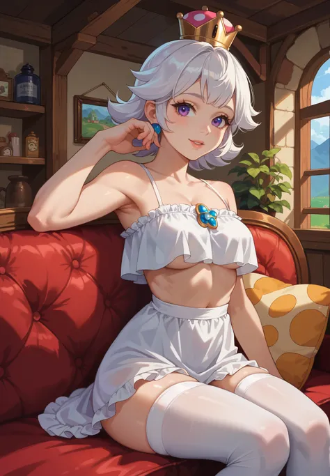 1girl, Booette, Super Mario, sitting on a couch, white hair, pale white skin, purple eyes, white crop top, white dress, white thigh highs, naturally sagging breasts, sexy pose, lustful, BREAK, night time, mountain cottage, cinematic lighting,