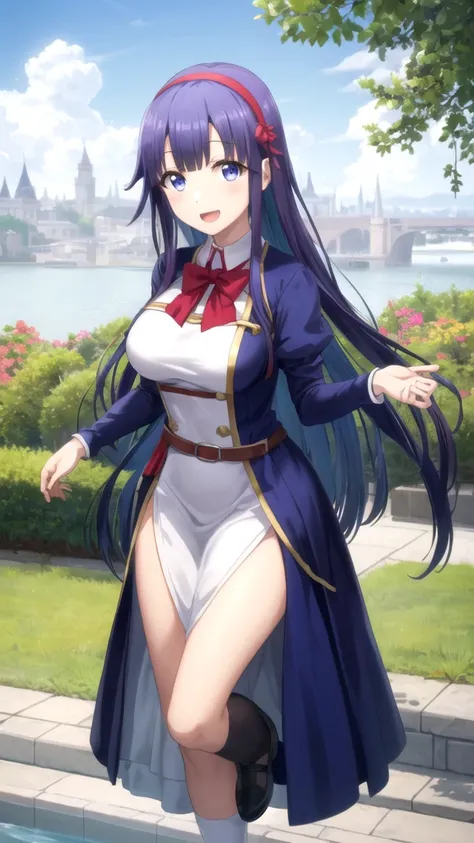 Masterpieces, Best Quality, girl, looking at viewer, mikoto asuka, long hair, blue eyes, blue hair, hairband, red hairband, large breasts, princess connect Re:Dive cosplay, princess Dress, standing, smile, open mouth, outdoors 