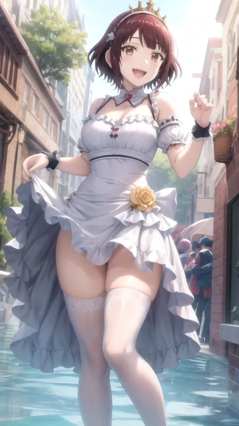 Masterpieces, Best Quality, girl, looking at viewer, yamada_ brown, solo, short hair, Brown hair, Brown Eyes, large breasts, princess connect Re:Dive cosplay, princess Dress, standing, smile, open mouth, outdoors 