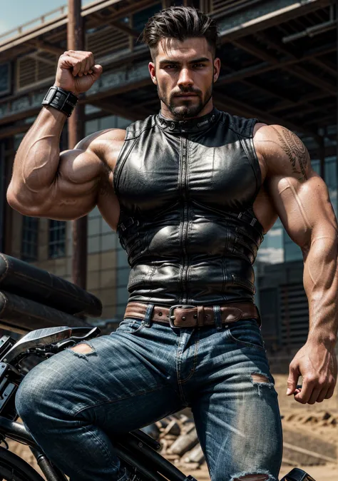 Ultra-realistic, highly detailed, chiseled young burly biker man with a muscular, shredded bodybuilder physique. His massive chest, broad shoulders, and veiny, tattooed arms exude power. His biceps and triceps are flexed, showcasing thick, vascular muscles...