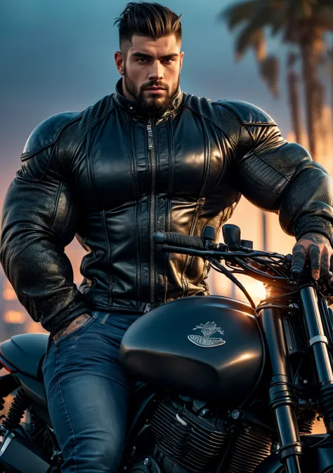 Ultra-realistic, highly detailed, chiseled young burly biker man with a muscular, shredded bodybuilder physique. His massive chest, broad shoulders, and veiny, tattooed arms exude power. His biceps and triceps are flexed, showcasing thick, vascular muscles...