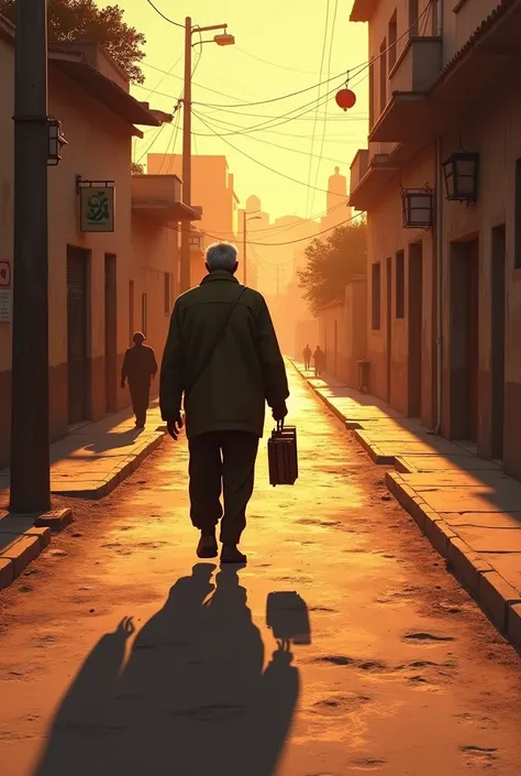 a shadow of an old man , Latin American,  walking with books under his arm down a street, You can only see it from the back and that at the end you can see a desert landscape falling in the afternoon with some Molle and pomegranate trees.  digital art
