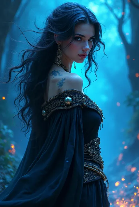 Design an image of a beautiful young gypsy warrior wearing a shadow with black tunics on the back of her back on a fantasy background in shades of blue and with flames of fire 