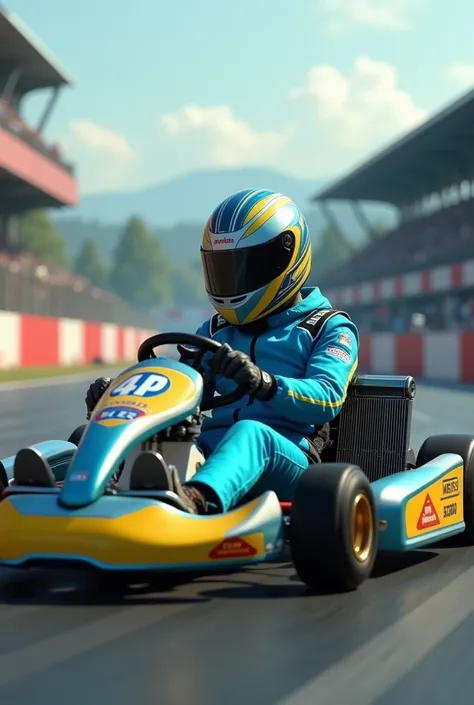 Photo of a  kart driver wearing a helmet and sky blue uniform with yellow details.  Hyperdetailed ,  realistic, cinematic, epic details, ultra-sharp, UHD.