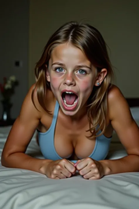 Ultra realistic, 4k, A realistic very young sister with light brown hair , sister wearing light blue bikini , athletes, laying on stomach, looking at viewer, cleavage cutout, intense screaming orgasmic climax,High Resolution, 