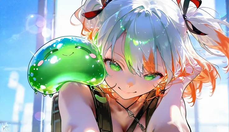 (( style:Colored pencil,Light color))、(Anime)、( Masterpiece:1.2), atmospheric perspective , lens flare、Slime and girl 、 fantasy world、 cute、 Traveling Girl 、girl leaning on slime