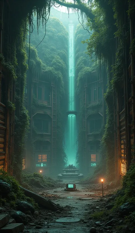 Echoes of the Forgotten Network

"Visualize a sprawling, abandoned megastructure buried deep within a forgotten forest, where nature has begun to reclaim the remnants of a once-thriving technological hub. The structure is a labyrinth of rusted steel, shatt...