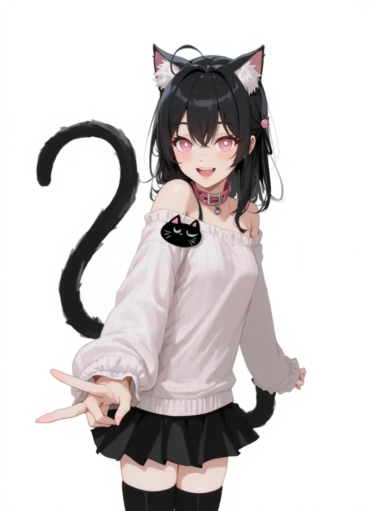 An anime girl with black ears， black hair ， pink pupils，Wears a collar around the neck，off-the-shoulder white wide-brimmed top，Open your mouth and smile at the camera，The lower part of the body is wearing a short black solid color skirt.There is a black ca...